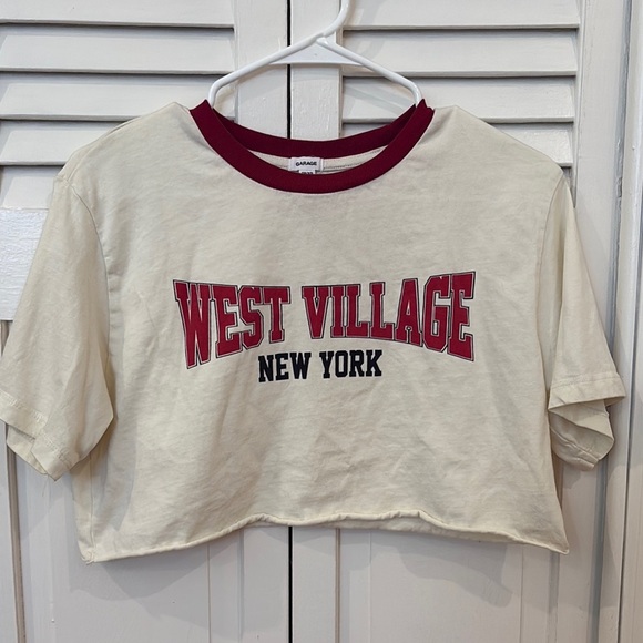Cream and Red Women's Oversized Garage Crop Top - Picture 1 of 5